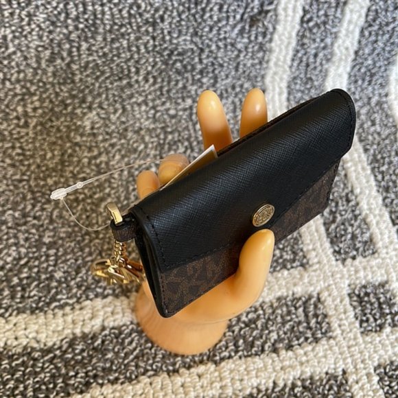 Michael Kors Kala Small Flap Key Ring Card Case Wallet MK Brown Black - Picture 6 of 13